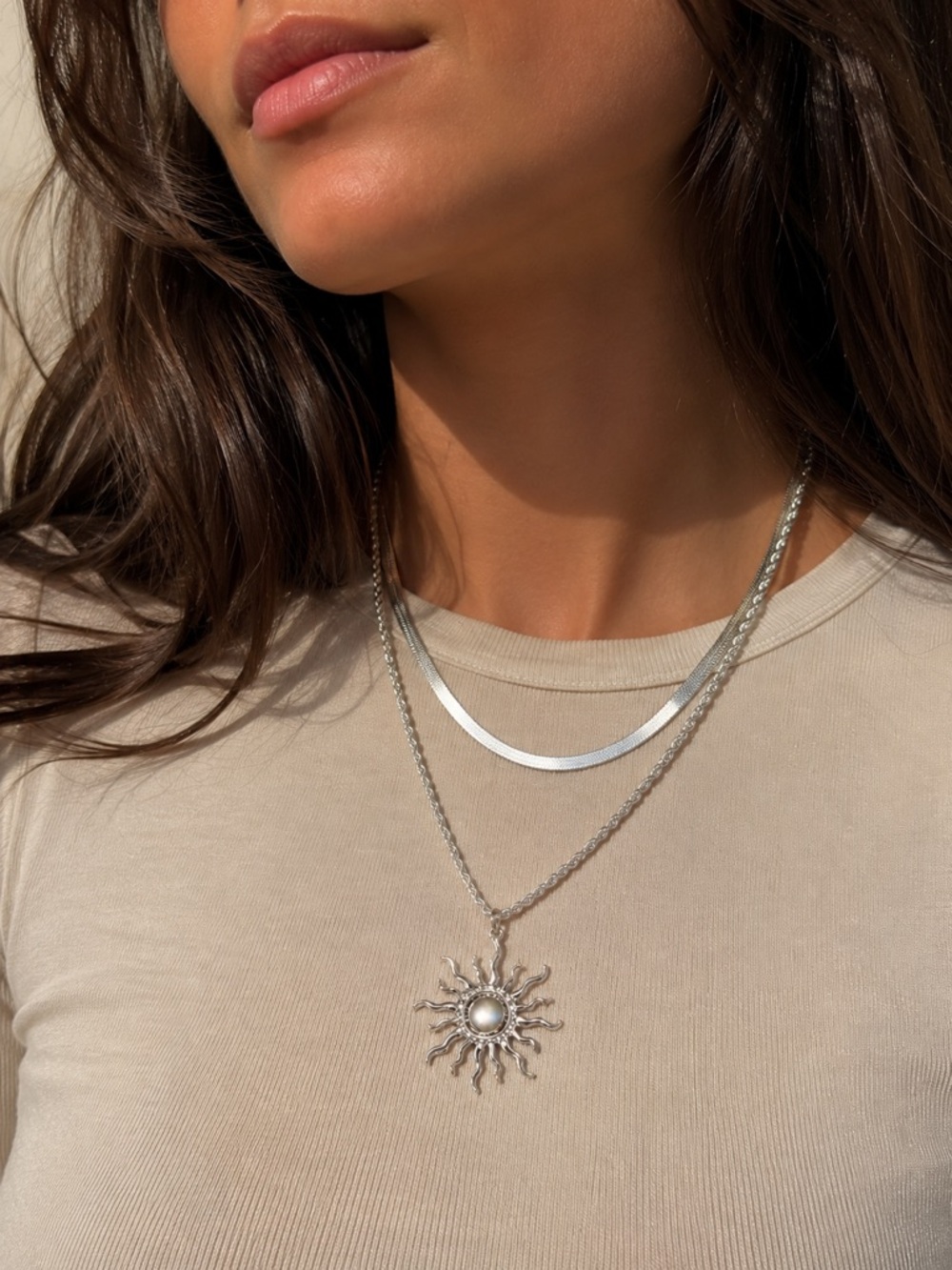 Silver Sunburst Pendant Necklace Stainless Steel